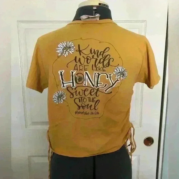 French Pastry gathered scrunched sides yellow Bible quotes short sleeve SMALL - Picture 3 of 5